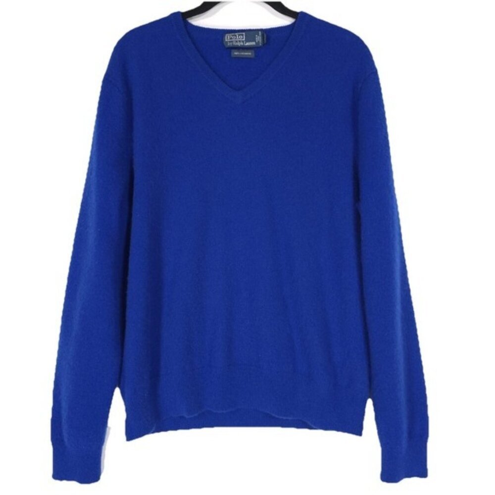 POLO RALPH LAUREN 100% CASHMERE Italian Yarn XL‎ Pullover V Neck Sweater Blue